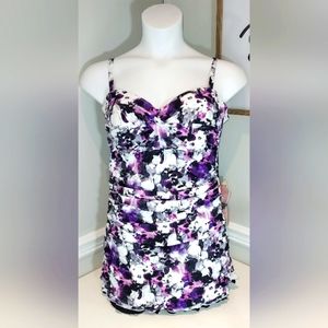 Hilor Black/White/Purple Floral Print One Piece Swim Dress NWY
